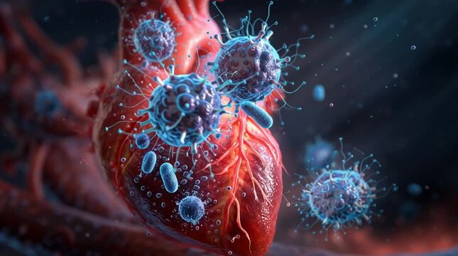 3D Illustration of Human Heart Infected with Bacteria Causing Endocarditis and Pericarditis, Highlighting Bacterial Interaction