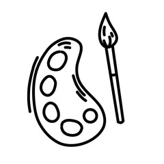 Artistic black and white line drawing of a painter’s palette with brush, symbol of creativity, art tools, painting, and design inspiration. Minimalist pallette paint icon line art outline.