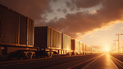 Fototapeta premium row of containers on rail freight cars stretching into horizon sunset light illustration concept scene visual for commercial design use high detail quality stock image illustration concept scene 