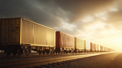 Obraz premium row of containers on rail freight cars stretching into horizon sunset light illustration concept scene visual for commercial design use high detail quality stock image illustration concept scene 