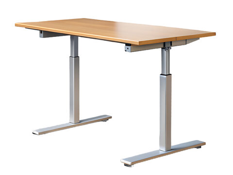Wooden tabletop metal leg height adjustable desk isolated on a transparent background office furniture