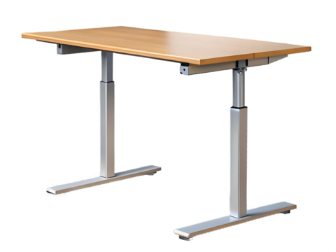 Wooden tabletop metal leg height adjustable desk isolated on a transparent background office furniture