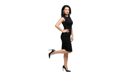 A confident woman in a black dress and high heels poses with one leg bent, isolated on a transparent background