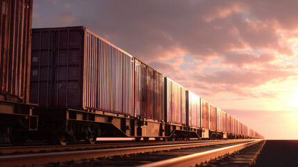 Fototapeta premium row of containers on rail freight cars stretching into horizon sunset light illustration concept scene visual for commercial design use high detail quality stock image illustration concept scene 