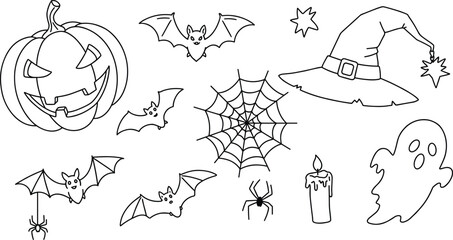 Halloween coloring page with pumpkin, bats, spider web, spider, witch hat, ghost, candle, spooky Halloween decorations for kids.