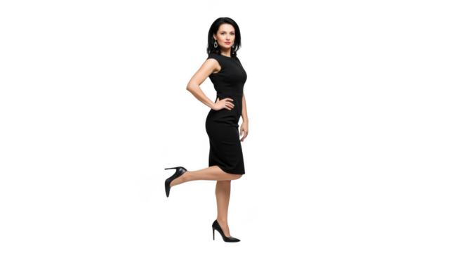 A confident woman in a black dress and high heels poses with one leg bent, isolated on a transparent background