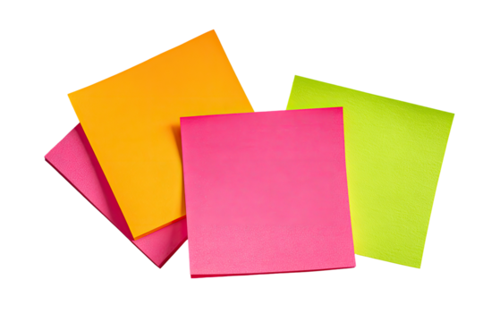Three colorful sticky notes, orange, pink, and lime green, arranged atop each other on a black background