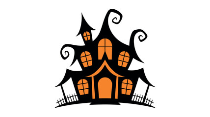 Dark haunted mansion silhouette with orange windows and whimsical roof peaks haunted house