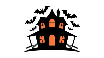 Haunted House Silhouette With Flying Bats And Orange Windows halloween