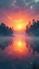 Serene sunrise over a tranquil lake, mist rising, conveying a sense of peaceful spiritual energy and inner calm Perfect for meditation, mindfulness, and well-being themes , energy, clouds