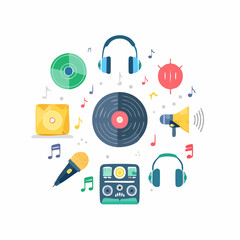 Vibrant flat vector icon set representing music creation, listening, and performance elements