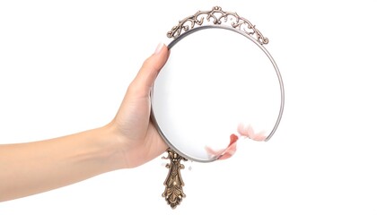 Hand holding a cracked antique-style mirror