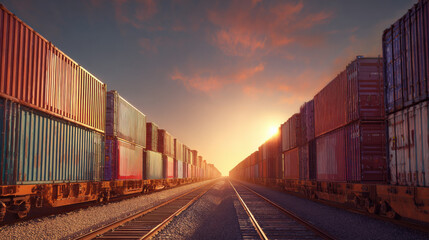 Fototapeta premium row of containers on rail freight cars stretching into horizon sunset light illustration concept scene visual for commercial design use high detail quality stock image illustration concept scene 