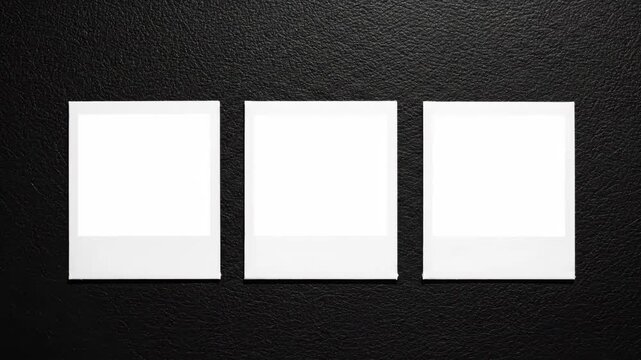Three Blank Polaroid Frames on Black Background - Three white blank polaroid frames are arranged in a row on a black textured surface.