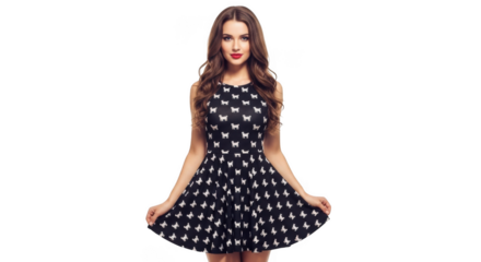 A beautiful young woman with long wavy brown hair, wearing a black sleeveless dress with a white dog pattern, stands isolated on a transparent background
