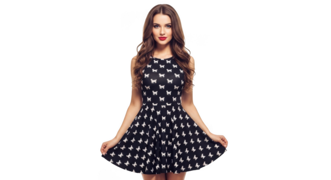 A beautiful young woman with long wavy brown hair, wearing a black sleeveless dress with a white dog pattern, stands isolated on a transparent background