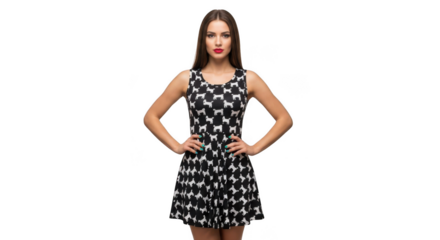 A young woman with long brown hair stands with her hands on her hips, wearing a sleeveless black and white patterned aline dress, isolated on transparent background