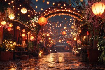 Enchanted Asian Street at Night with Lanterns