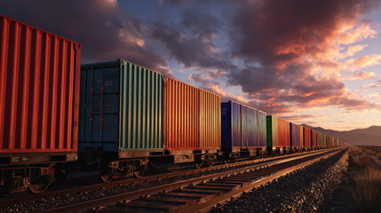 Fototapeta premium row of containers on rail freight cars stretching into horizon sunset light illustration concept scene visual for commercial design use high detail quality stock image illustration concept scene 