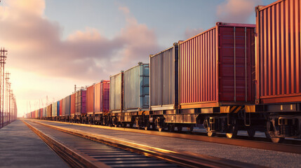 Fototapeta premium row of containers on rail freight cars stretching into horizon sunset light illustration concept scene visual for commercial design use high detail quality stock image illustration concept scene 