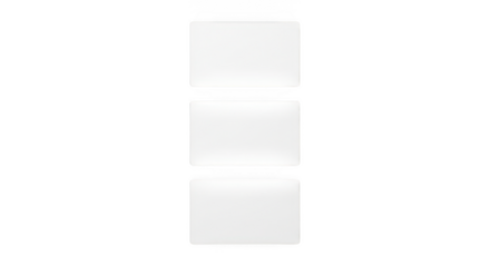 Three blank white rectangular cards are stacked vertically and isolated on a plain transparent background, ready for customization