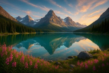 Majestic mountain lake with wildflowers at sunset
