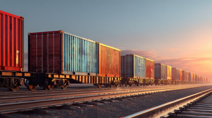 Obraz premium row of containers on rail freight cars stretching into horizon sunset light illustration concept scene visual for commercial design use high detail quality stock image illustration concept scene 