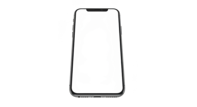 A modern smartphone with a blank white screen, isolated on a plain transparent background, ready for customization or display