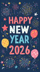 A colorful illustration featuring a hand-drawn "HAPPY NEW YEAR 2026" greeting with playful fireworks, stars, and festive balloons, perfect for cards and social media.