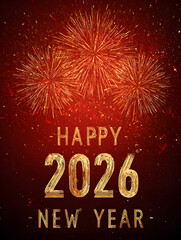 Glowing sparkler numbers forming 2026 on the red background with fireworks and festive lights. Perfect for New Year celebrations, greeting cards and holiday backgrounds.