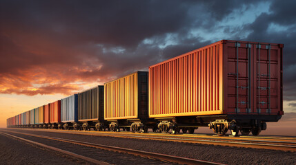 Obraz premium row of containers on rail freight cars stretching into horizon sunset light illustration concept scene visual for commercial design use high detail quality stock image illustration concept scene 