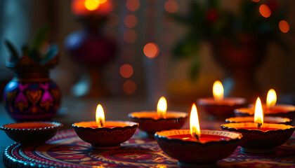 Beautiful diya candles on colorful rangoli, festive oil lamps glowing with warm light, traditional decoration, festival of lights celebration