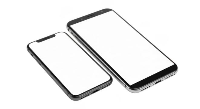 Two modern smartphones with blank white screens are placed side by side on a clean transparent background, ready for customization