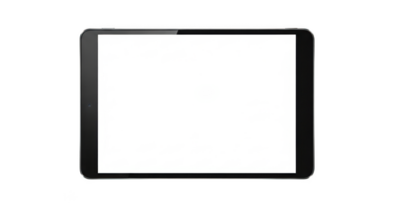 A modern black tablet with a blank white screen is isolated on a pure transparent background, ready for digital content