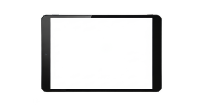 A modern black tablet with a blank white screen is isolated on a pure transparent background, ready for digital content