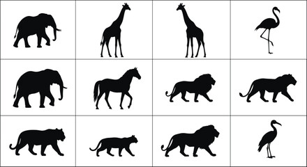 Silhouette collection of wild animals, lion, tiger, elephant, giraffe, flamingo, bird, horse, jungle safari clipart, vector art