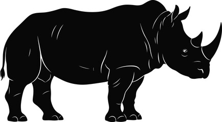 Black silhouette of rhinoceros, wild animal vector, African wildlife design, rhino clipart, flat vector illustration, bold nature art