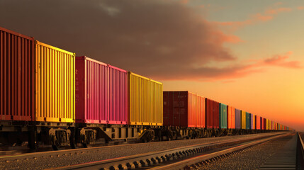 Fototapeta premium row of containers on rail freight cars stretching into horizon sunset light illustration concept scene visual for commercial design use high detail quality stock image illustration concept scene 