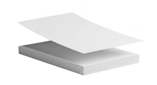 A stack of white paper sheets with one sheet fanned out on top, isolated on a transparent background