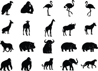 Flat vector illustration of African wild animals silhouettes, gorilla, flamingo, giraffe, wildebeest, elephant, hippo, monkey, wild nature, safari, wildlife art
