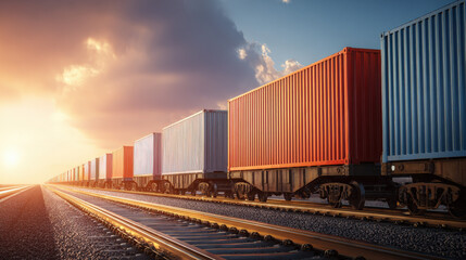 Fototapeta premium row of containers on rail freight cars stretching into horizon sunset light illustration concept scene visual for commercial design use high detail quality stock image illustration concept scene 