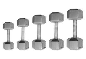 Five hexagonal dumbbells of varying weights isolated on transparent background