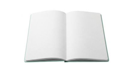 An open blank notebook with dotted pages and a light teal cover, isolated on a transparent background