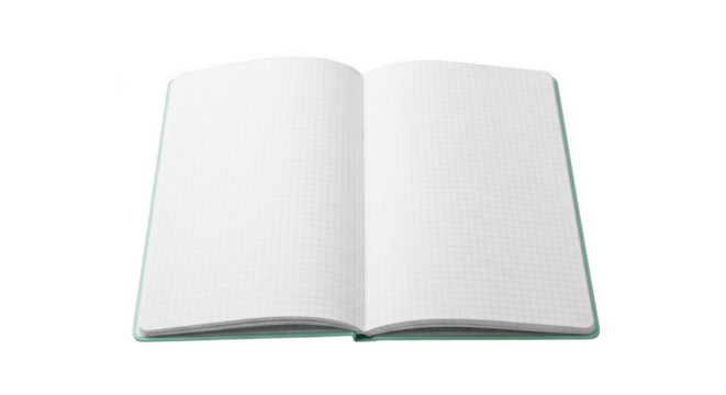 An open blank notebook with dotted pages and a light teal cover, isolated on a transparent background