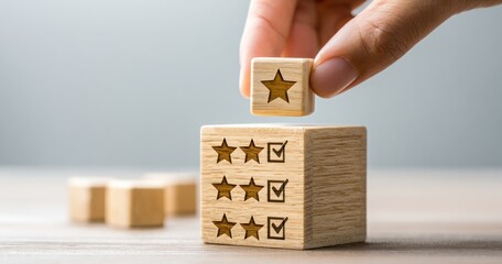Fototapeta premium Hand placing star-marked block atop a larger cube with star/checkmark symbols, on a light surface