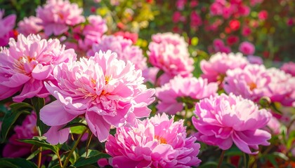 Fototapeta premium Lush pink peonies in a garden setting