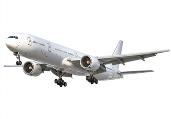 A passenger airplane taking off, gear down, angled view. White background isolates the aircraft. Clear blue sky visible