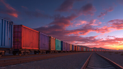 Fototapeta premium row of containers on rail freight cars stretching into horizon sunset light illustration concept scene visual for commercial design use high detail quality stock image illustration concept scene 