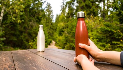 Two insulated water bottles, rust-red and brushed-metal, sit on a wooden picnic table in a forest setting