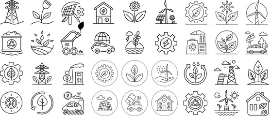 Sustainable Energy Icons Set Representing Green Technology and Environmental Conservation for a Better Future